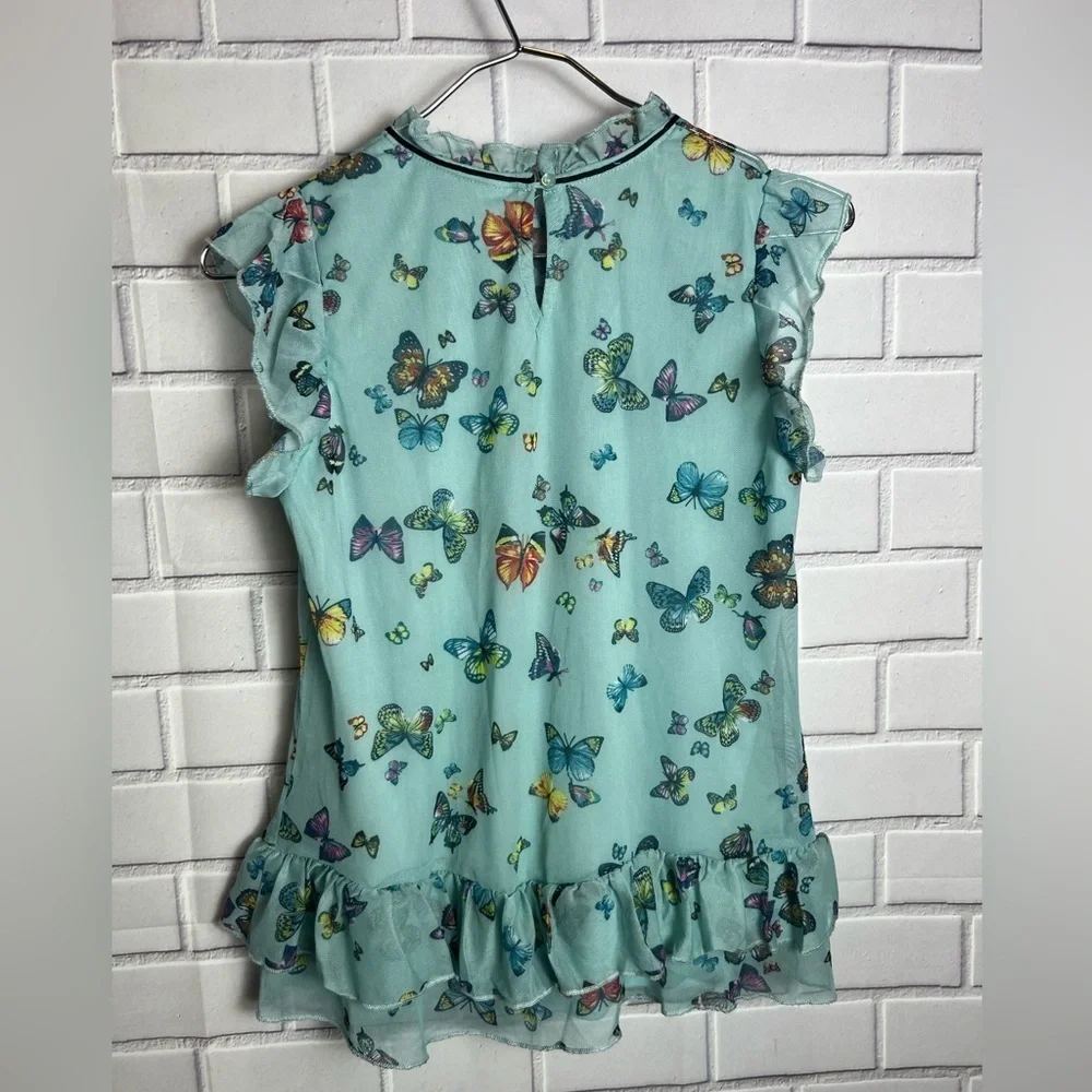 Knitworks Butterfly Print Ruffle girls blouse / green size L(14)